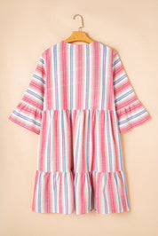 White Stripe Plus Size Embroidered Detail Flared 3/4 Sleeve V Neck Dress