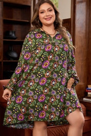 Green Plus Size Floral Print Collared V Neck Loose Mini Dress