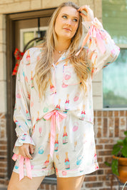 White Plus Size Wine Glass Print Bow Knot Pajama Set