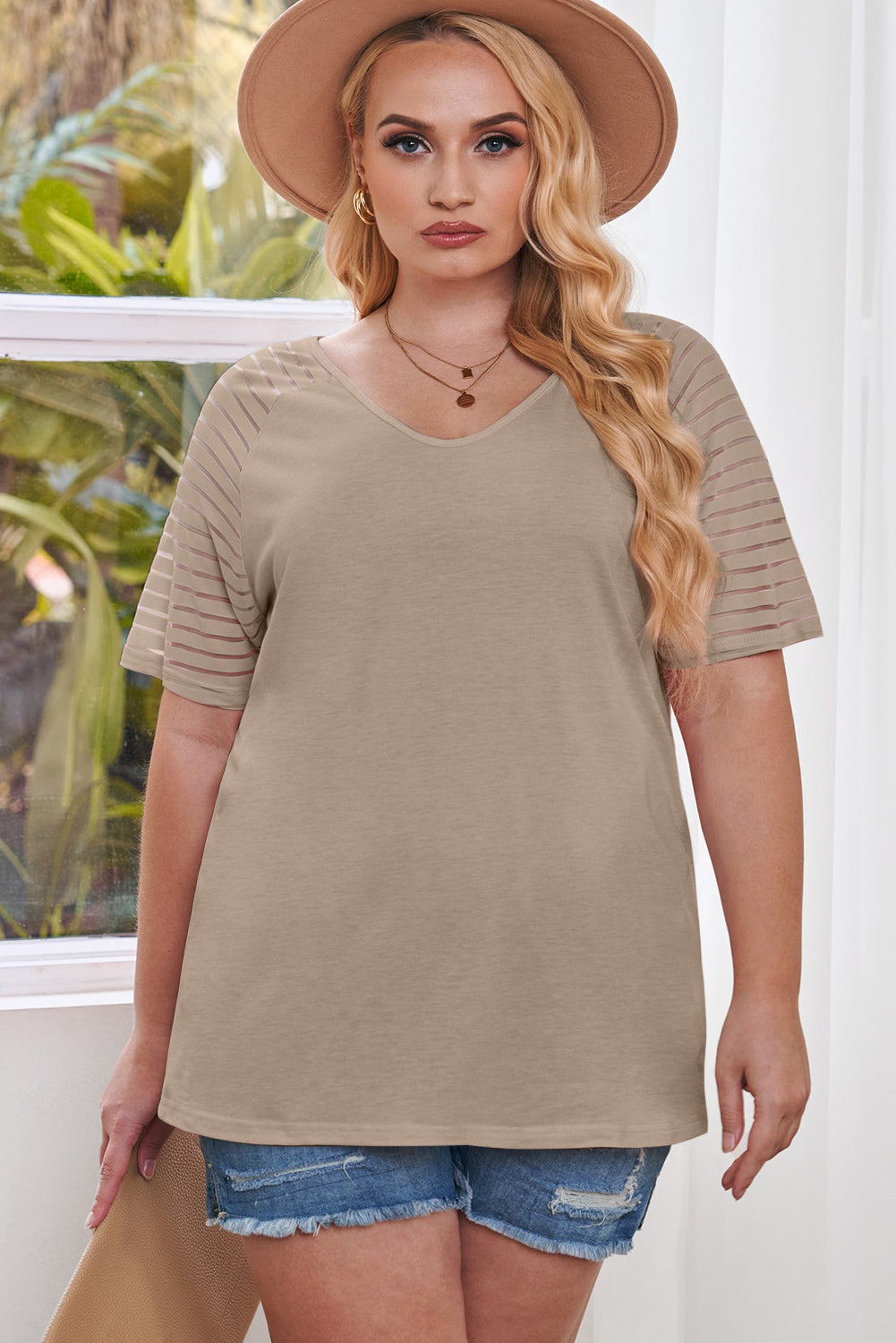 Khaki Striped Raglan Sleeve Plus Size Tee