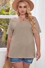 Khaki Striped Raglan Sleeve Plus Size Tee