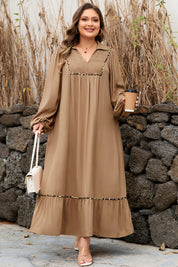 Chestnut Smocked V Neckline Leopard Piping Accent Bracelet Plus Size Long Dress