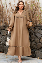 Chestnut Smocked V Neckline Leopard Piping Accent Bracelet Plus Size Long Dress