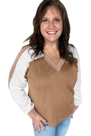 Coffee V Neck Lace Sleeve Patchwork Plus Size Blouse