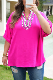 Rose Red Leopard Accent Notched Neck Plus Size Short Sleeve Top