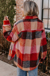 Orange Plaid Print Flap Pockets Buttoned Casual Plus Size Jacket
