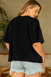 White Pointelle Rhombus Knit Plus Size V Neck Loose Top