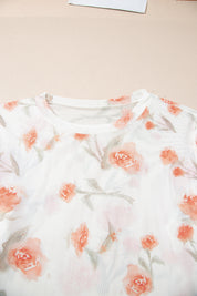 Red Plus Size Floral Print Sheer Mesh Long Sleeve Top