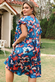 Blue Abstract Print Shirred Ruffled Short Sleeve Tiered Plus Size Mini Dress
