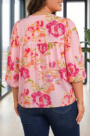 Pink Plus Size Floral Print V Neck Tie Front Short Sleeve Tunic Top