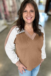 Coffee V Neck Lace Sleeve Patchwork Plus Size Blouse