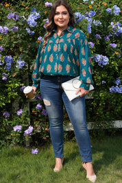 Green Plus Size Floral Print Contrast Lacy Trim Pleated Loose Shirt