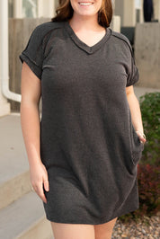 Carbon Grey Corded V Neck Plus Size T Shirt Dress with Pockets