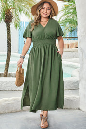 Four Leaf Clover Surplice Neckline Shirred High Waist Plus Size Maxi Dress