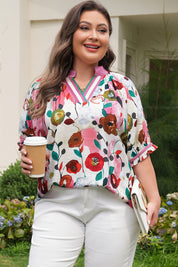 Pink V Neck Short Puff Sleeve Plus Size Floral Blouse