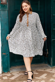 Pink Plus Size Button V Neck Leopard Print Puff Sleeve Loose Mini Dress