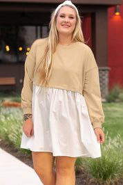 Apricot Color Block Patchwork Ruffled Plus Size Mini Dress