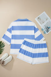 Sky Blue Stripe Drop Shoulder Zipped Collar T Shirt Plus Size Shorts Set