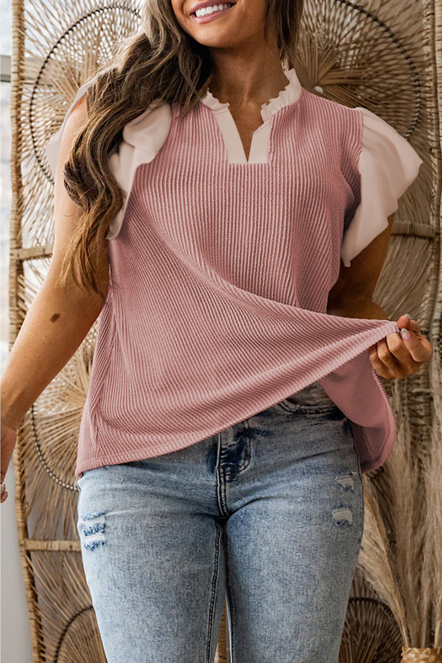 Vineyard Green Plus Size Contrast Frilled Neckline Ruffled Short Sleeve Ribbed Textured Blouse