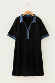 Black Colorblock Denim Collar Short Sleeve Plus Size Shift Dress