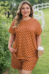 Brown Polka Dot Print Dropped Shoulder Tee Plus Size Short Set