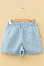 Sky Blue Stripe Plus Size Contrast Drawstring Elastic Waist Denim Shorts