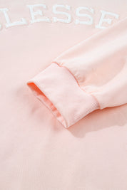 Light Pink BLESSED Embroidered Trim Patch Graphic Plus Size Mock Neck Sweatshirt