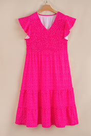 Rose Polka Dot Print Ruffled Smocked High Waist Plus Midi Dress