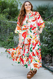 Orange Floral Print Drawstring V Neck Tiered Plus Size Dress
