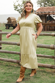 Laurel Green Notched V Neck Puff Sleeve Tiered Plus Size Maxi Dress