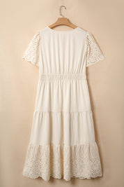 Apricot Plus Size V Neck Lacy Embroidery Patchwork Short Sleeve Maxi Dress