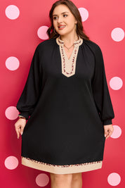 Black Contrast Color Block Leopard Trim Plus Size Ribbed Dress