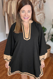 Black Plus Size Color Block Striped Trim V Neck Long Sleeve Shift Mini Dress