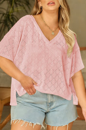 White Pointelle Rhombus Knit Plus Size V Neck Loose Top