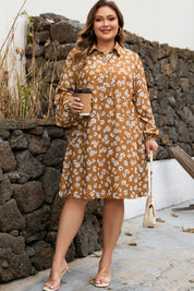 Khaki Plus Size Daisy Floral Print Button Split Neck Puff Sleeve Dress