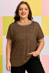 Khaki Plus Size Leopard Print Ribbed Trim Round Neck Tee