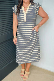 Blue Stripe Plus Size Contrast Trim Button V Neck Ruffle Sleeve Shift Dress
