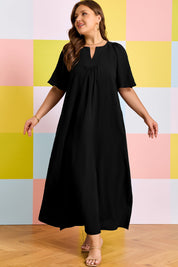 Black Plus Size Solid Color Notched Neck Short Sleeve Loose Dress