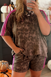 Brown Retro Leopard Print Contrast Varsity Stripe Trim Plus Size 2pcs Short Set