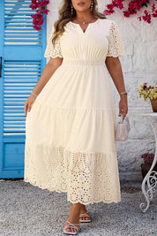 Apricot Plus Size V Neck Lacy Embroidery Patchwork Short Sleeve Maxi Dress