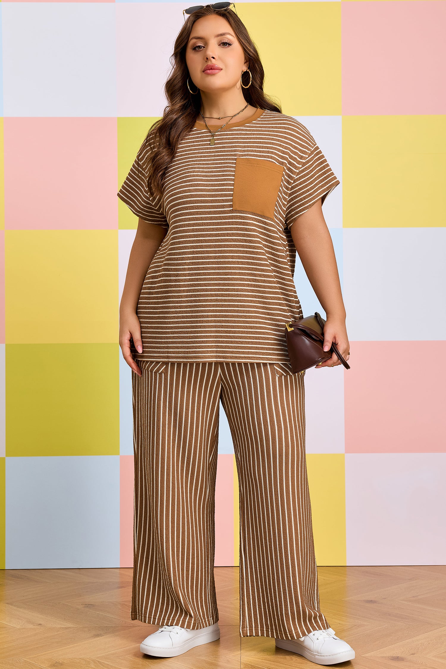 Khaki Stripe Plus Size Striped Colorblock Pocket Lounge Set