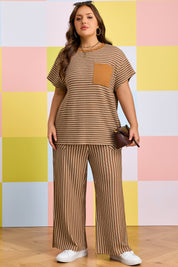 Khaki Stripe Plus Size Striped Colorblock Pocket Lounge Set