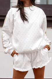 White Polka Dot Print Side Stripe Detail Casual Sweatshirt 2pcs Short Set