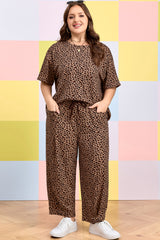 Brown Plus Size Leopard Loose Top Pleated Pants Set
