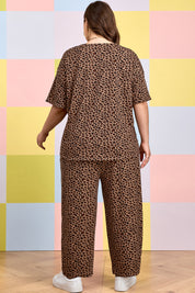 Brown Plus Size Leopard Loose Top Pleated Pants Set