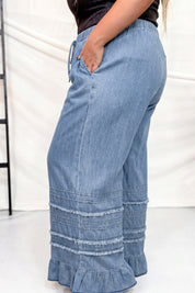 Dusk Blue Tiered Raw Edge Ruffled Plus Size Wide Leg Denim Pants