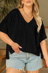 White Pointelle Rhombus Knit Plus Size V Neck Loose Top