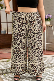 Khaki Exposed Seam Patched Pocket Plus Size Drawstring Leopard Wide Leg Pants