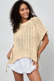 White Plus Size Open Knit Bow Tie Short Sleeve Sweater