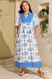 Sky Blue  Plus Size Floral Print Contrast Boho Patchwork V Neck Loose Midi Dress